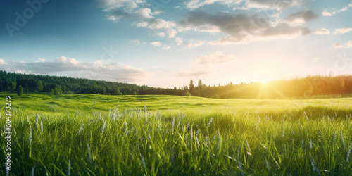Beautiful panoramic natural landscape of a green field with grass against a blue sky with sun. Generative AI