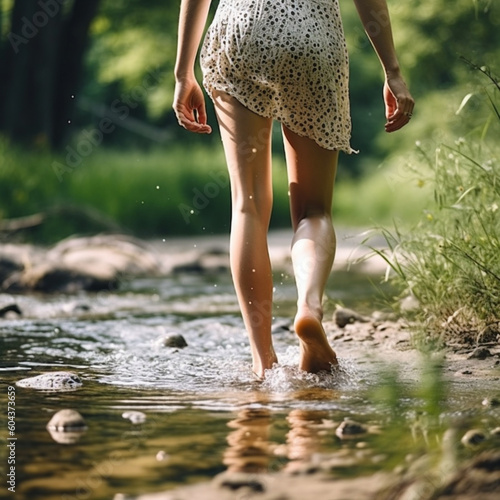 Verbundene Natur: Eine Frau genießt barfuß das erfrischende Wasser des Flusses