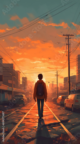 a boy is enjoying sunset on the urban street
