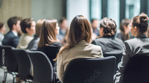 People sitting listening to a conference or business convention and presentation. Audience in a work, study or business conference room. Generative ai.