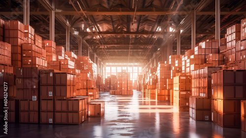 Interior of a warehouse with packages to be shipped and cardboard boxes. Generative ai.