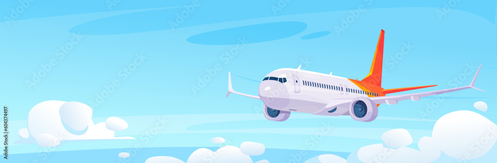 An airplane flying over clouds in a blue sky. Commercial airliner in cartoon style. Vector illustration of a passenger jet traveling on vacation. Poster of a modern aircraft and commercial aviation.