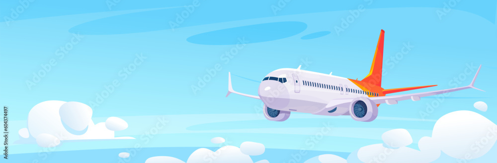 Obraz premium An airplane flying over clouds in a blue sky. Commercial airliner in cartoon style. Vector illustration of a passenger jet traveling on vacation. Poster of a modern aircraft and commercial aviation.