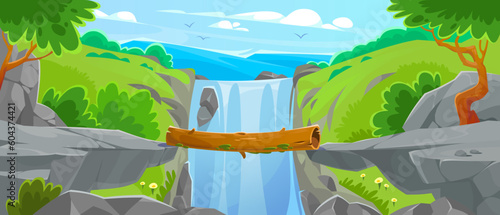 A log bridge between cliffs. A wooden bridge connecting rocky mountains. Landscape view of a road in a jungle with a waterfall in the background for a game level design. Cartoon vector illustration.