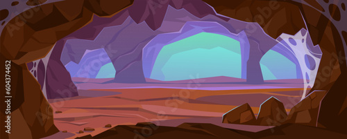 Cavern entrance with different paths. Fantasy cave background for game level design. Ancient underground tunnel under a mountain with stone walls in landscape view. Cartoon vector illustration.