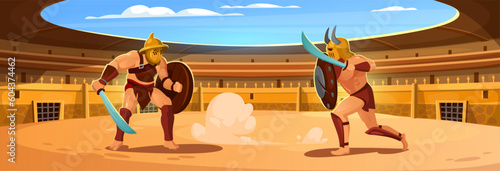 Gladiators fighting in a coliseum arena. Battle in an ancient Roman amphitheater. Warrior characters in armor with shields and swords in a stadium for game design. Cartoon vector illustration.