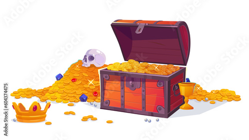 Treasure chest with a pile of gold coins, jewelry, gems, goblet, skull and crown isolated on white background. Medieval treasury cut out for a fairy tale game design. Cartoon vector illustration. photo