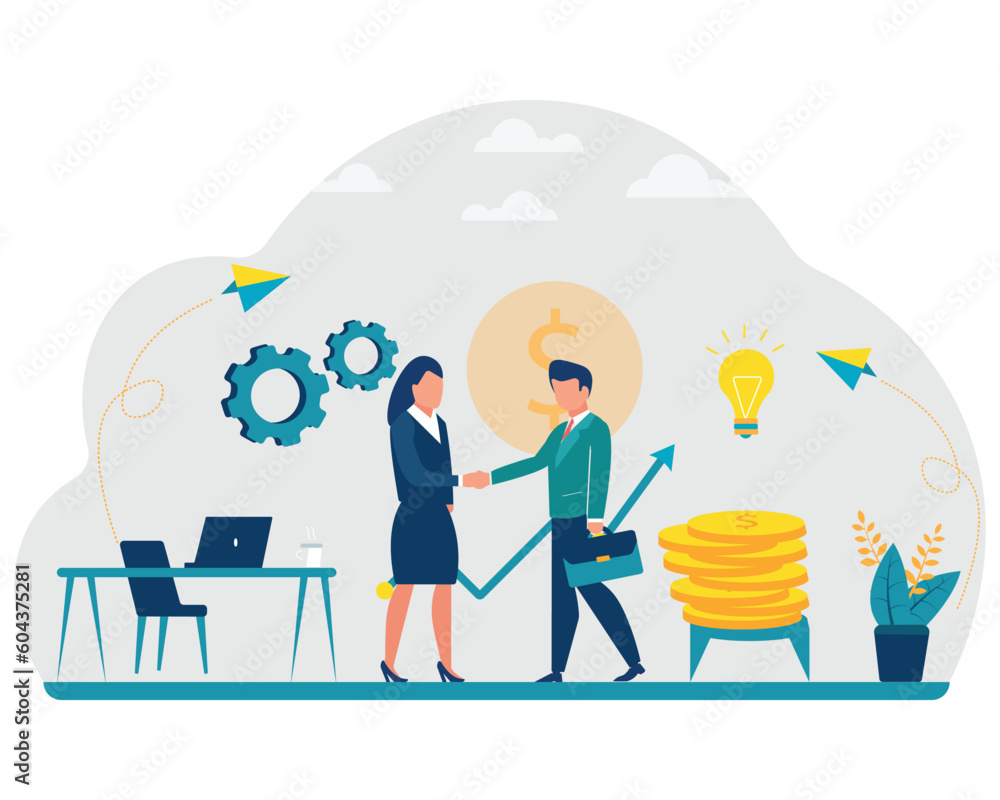 Company culture ideology and core beliefs, trust, branding illustration concept. Professional business meeting men and women shake hands agreeing to work together.