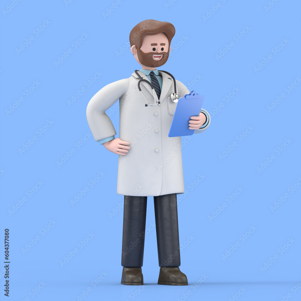 3D illustration of Male Doctor Iverson holds clipboard. Clip art isolated on blue background. Professional consultation. Medical concept
