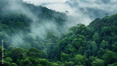 Landscape of rainforest with fog and mist in the morning.Climate solutions carbon credit concept. Concept of carbon trading market.