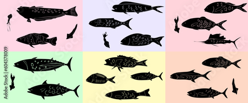 fish set isolated on white, Vector silhouettes of sea and river fish