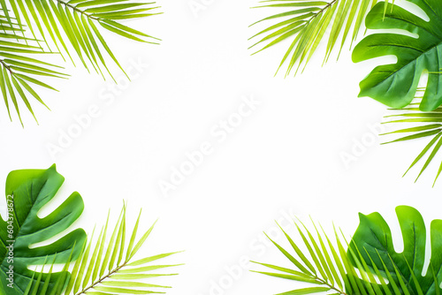Summer flat lay background. Tropical leaves, palm leaves and monstera on white background.