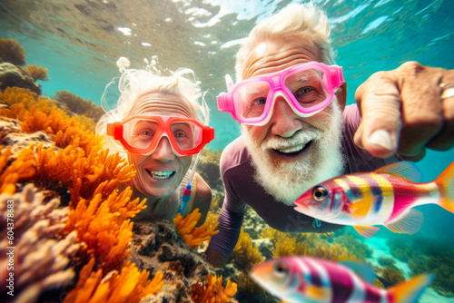 funny senior couple diving in a wonderful coral reef, generative ai © Patrizia Tilly
