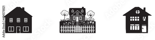 Set of rustic cottage motif in homestead vintage style. Vector illustration of whimsical rural country house. 