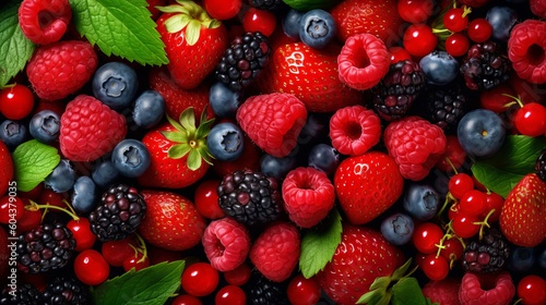 Various fresh summer berries. Top view generative ai
  photo
