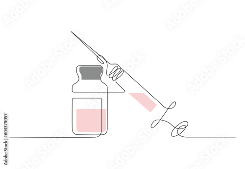 Continuous one line drawing of syringe and vial simple illustration of vaccine and injection syringe line art vector illustration.