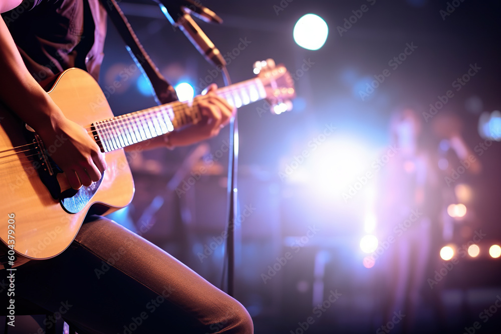 Obraz premium Melodic Echoes: Guitarist Enchants the Stage with Soft and Blur Background. created with Generative AI