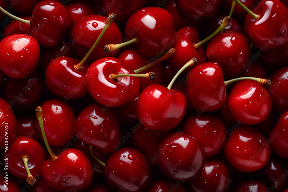 Close up of pile of ripe cherries with stalks and leaves. Ripe cherries background. AI generated Close up of pile of ripe cherries with stalks and leaves. Ripe cherries background. AI generated
