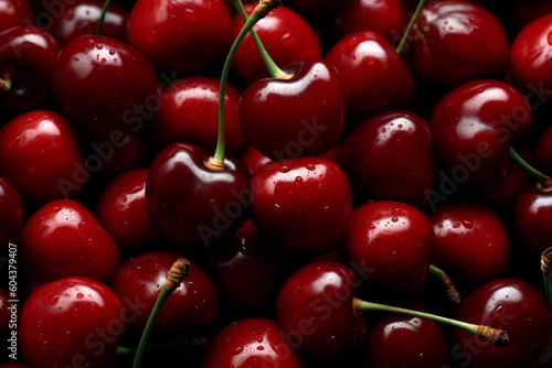 Close up of pile of ripe cherries with stalks and leaves. Ripe cherries background. AI generated