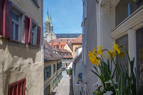 View on church from street in Bamberg, Germany