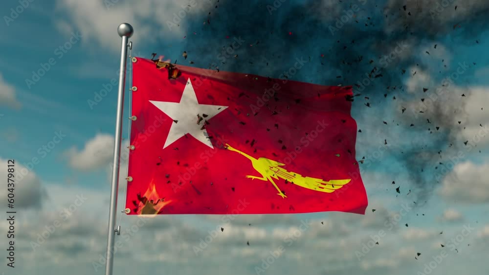 The flag of Myanmar Union Solidarity and Development Association flag flutters in the wind is firing reborn into a democracy flag National League for Democracy.