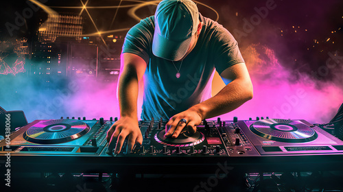 Charismatic disc jockey at the turntable. DJ plays on the best, famous CD players at nightclub during party. EDM, party concept. created with Generative AI