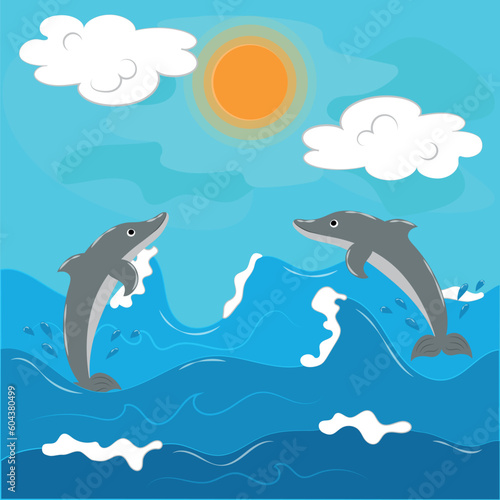 Illustration with dolphins playing in the sea