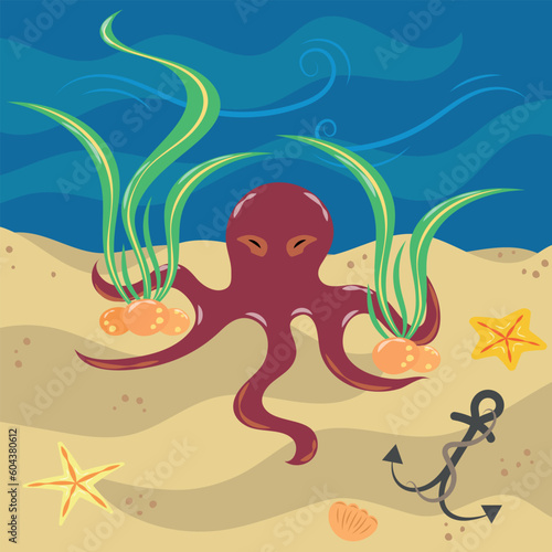 Illustration with octopus on the seabed