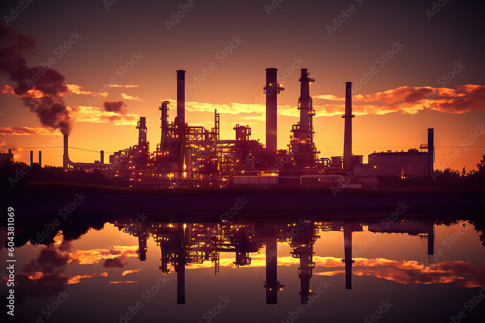 Twilight Glow Oil Refinery Plant Illuminating the Desert, Powering the Crude Oil Industry. created with Generative AI