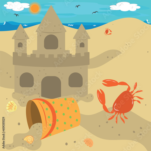 Crab on the sandy shore near the sand castle