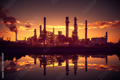 Twilight Glow Oil Refinery Plant Illuminating the Desert  Powering the Crude Oil Industry. created with Generative AI