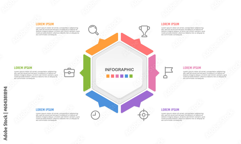Business infographic 6 options or steps. Vector illustration.