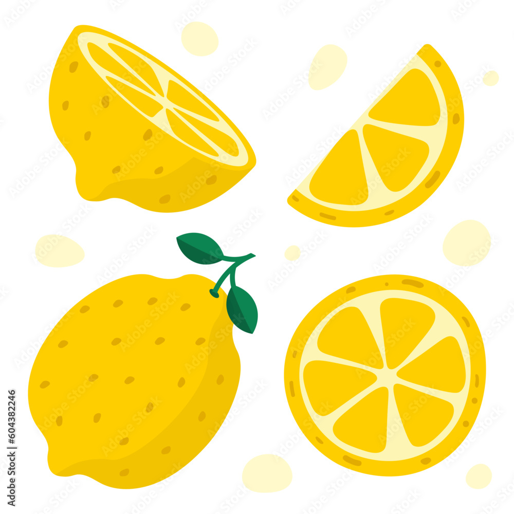 Hand Drawn Lemon. Half Of Lemon, Slice. Colorful Flat Style Vector Illustration Hand Drawn Lemon. Half Of Lemon, Slice. Colorful Flat Style Vector Illustration