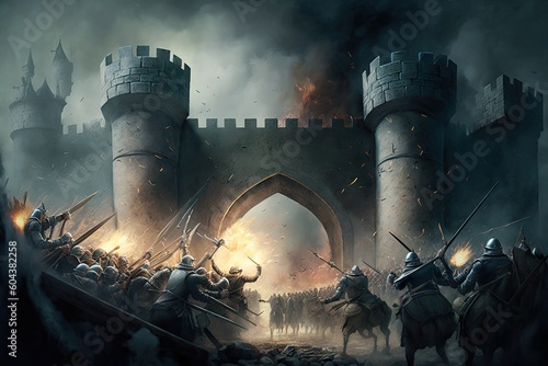 Storming of medieval castle fortress siege of city chaos. Generative AI AIG15. photo