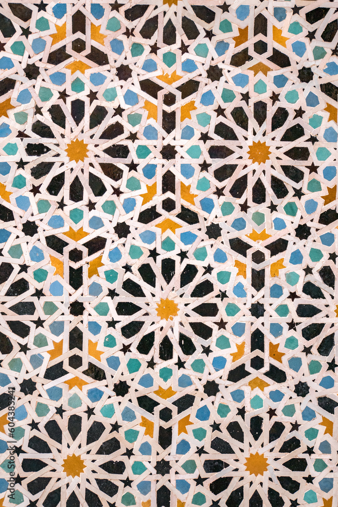 Arabic pattern, moroccan zellige tiles, in the medina of Fes, Morocco