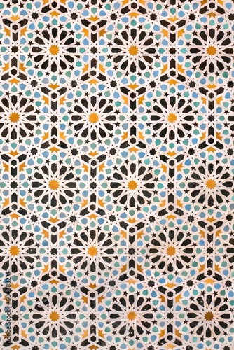 Arabic pattern, moroccan zellige tiles, in the medina of Fes, Morocco