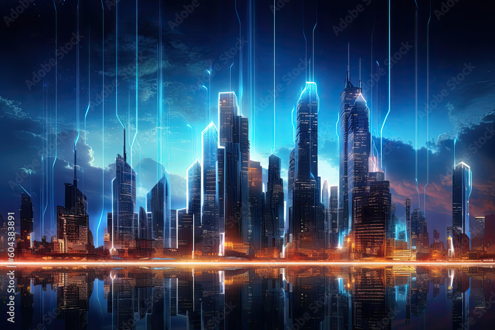 A futuristic cityscape with sleek skyscrapers and vibrant lights