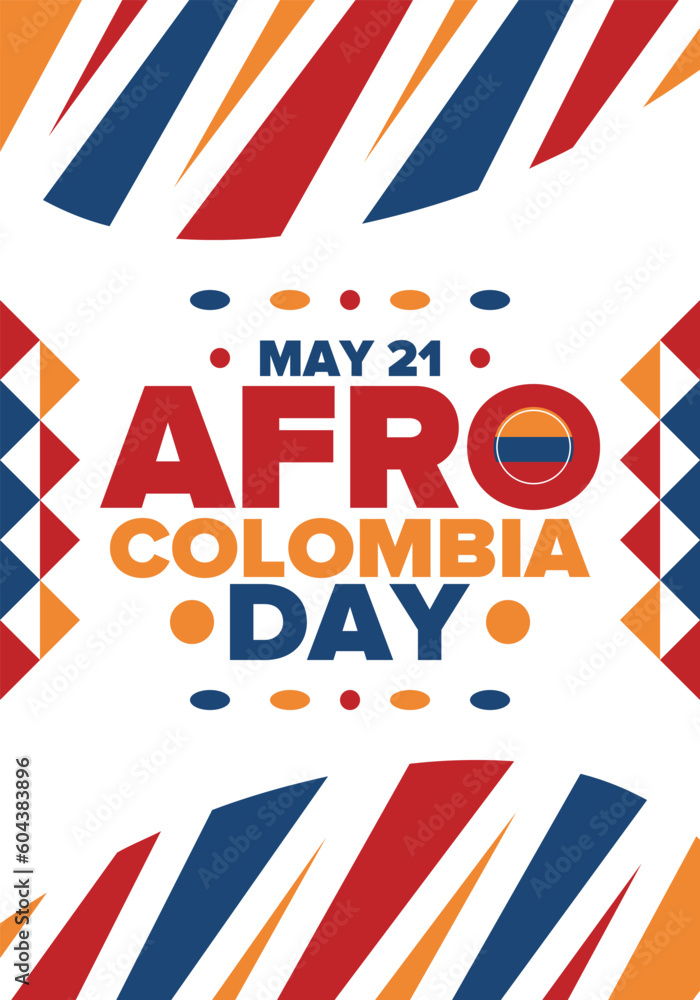 Afro-Colombian Day in Colombia. Celebrate annual in May 21. Freedom day poster. National holiday. Colombian flag. Afro-Colombian culture, history and heritage. Tradition pattern. Vector illustration Afro-Colombian Day in Colombia. Celebrate annual in May 21. Freedom day poster. National holiday. Colombian flag. Afro-Colombian culture, history and heritage. Tradition pattern. Vector illustration