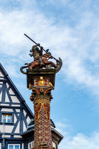 Statue of Saint George and the dragon in Rothenburg ob der Tauber, Germany, Europe