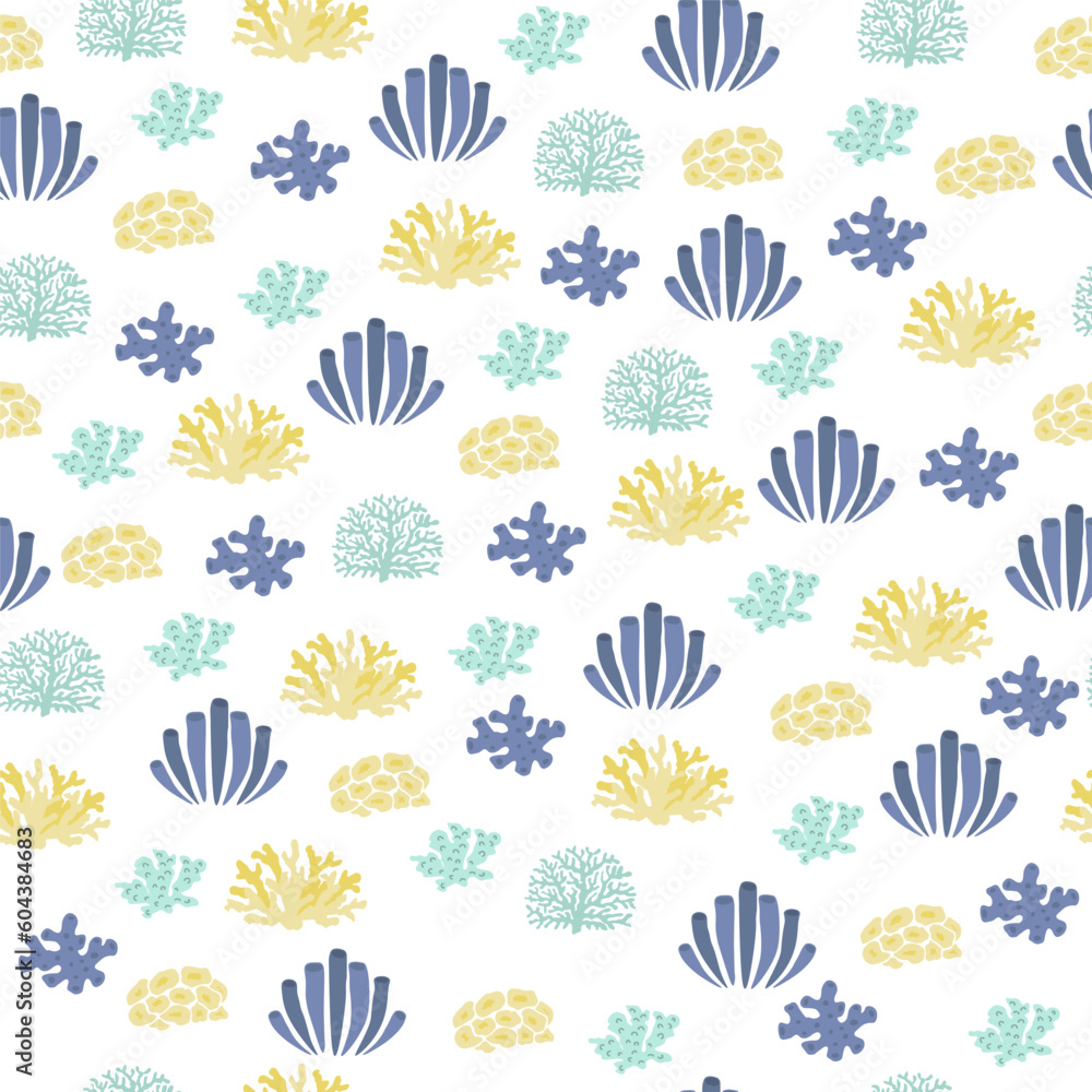 Vector seamless pattern with algae, corals.Underwater cartoon creatures.Marine background.Cute ocean pattern for fabric, childrens clothing,textiles,wrapping paper