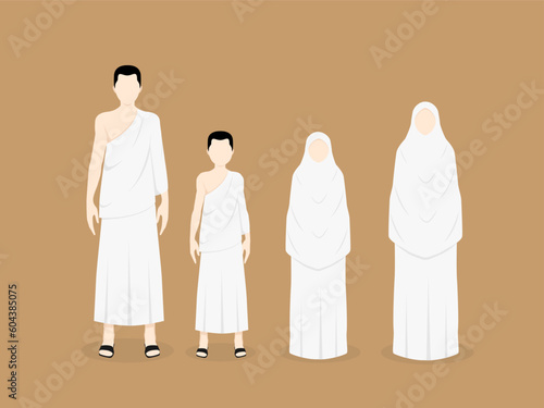 A Muslim family wears ihram for Hajj and Umrah including the father mother son and daughter 