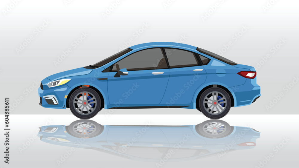 Concept vector illustration of detailed side of a flat blue car. with shadow of car on reflected from the ground below. And isolated white background.