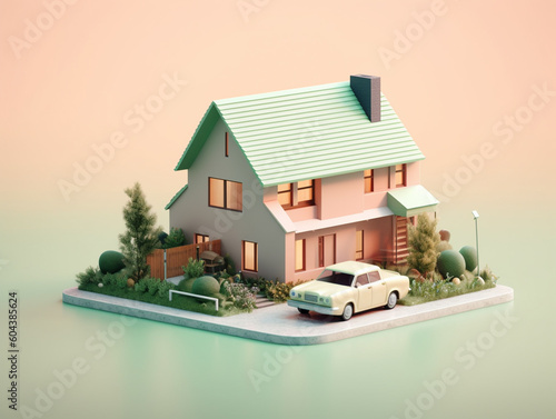 3D model of a simple and moderately large two-story house isolated on plain background. There is a small fence and landscape decoration around the house. photo
