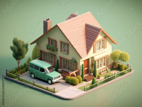 3D model of a simple and moderately large two-story house isolated on plain background. There is a small fence and landscape decoration around the house. photo