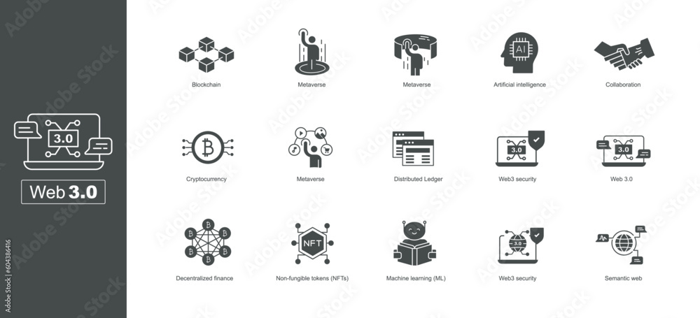 Web 3.0 Icon Set: A Visual Guide to the Future of the Internet - Next-generation web icons - Futuristic web icons. Vector Solid or Glyph Icons.