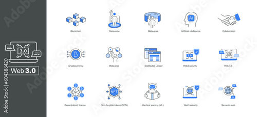 Web 3.0 line Icon Set. Next-generation web icons. Web development icons. Modern web icons. Web technology icons. Internet icons. Futuristic web icons.