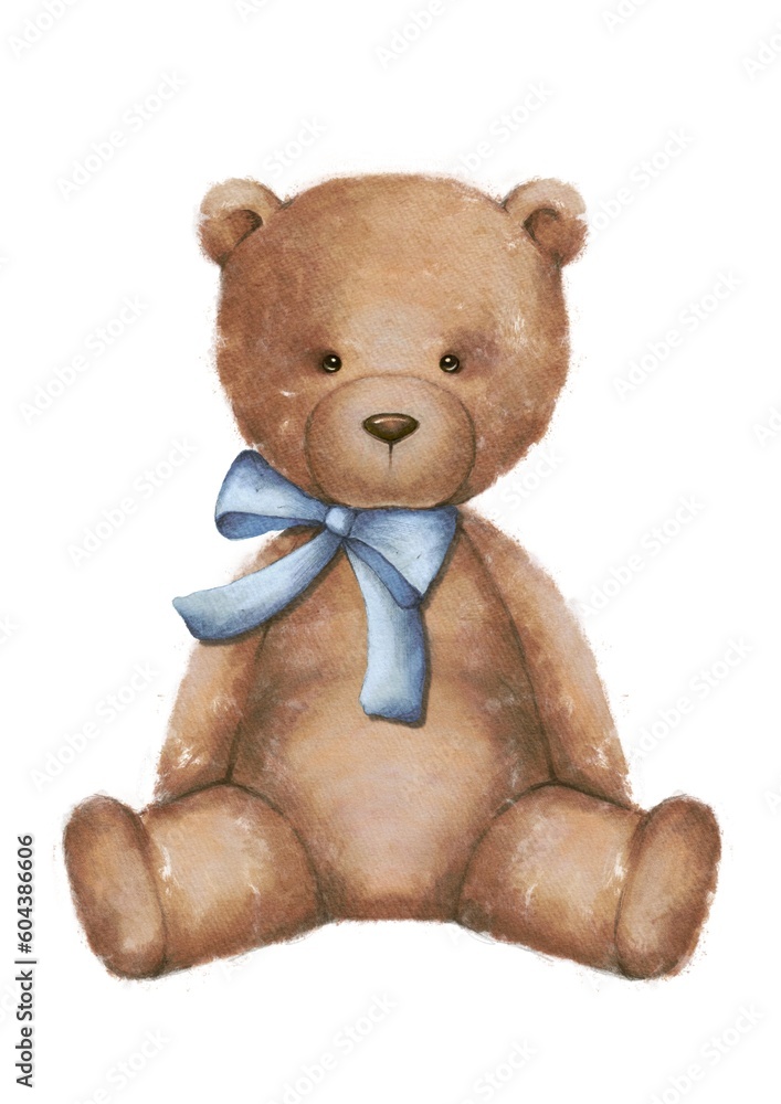 Teddy bear with a bow illustration. Plush toy picture. Romantic gift. Birthday present. Valentines day decoration. Watercolor style hand drawn. Bear for logo, design and greeting card. pencil