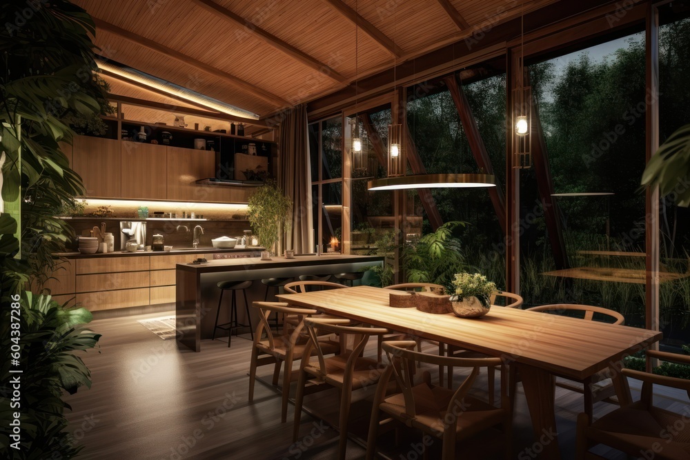 Fototapeta premium natural kitchen and dining table with bamboo plant