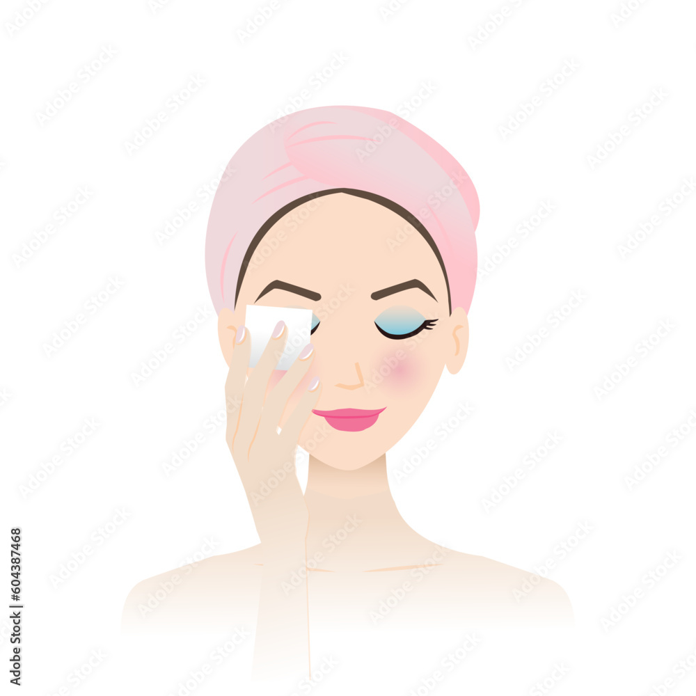 Cute woman remove makeup from face vector on white background. Step of makeup removal with remover cotton pad, removing eye makeup, foundation, blush and lip color. Skin care and beauty concept. Cute woman remove makeup from face vector on white background. Step of makeup removal with remover cotton pad, removing eye makeup, foundation, blush and lip color. Skin care and beauty concept.