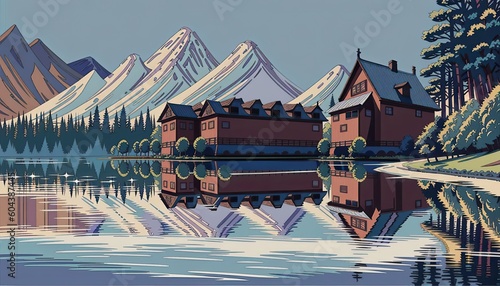Resort in the forest near the lake, created with generative ai